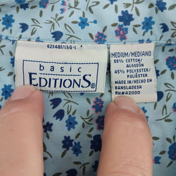 Basic Editions Shirt Women Medium Light Blue Mini Floral Short Sleeve Button Up - Picture 5 of 5